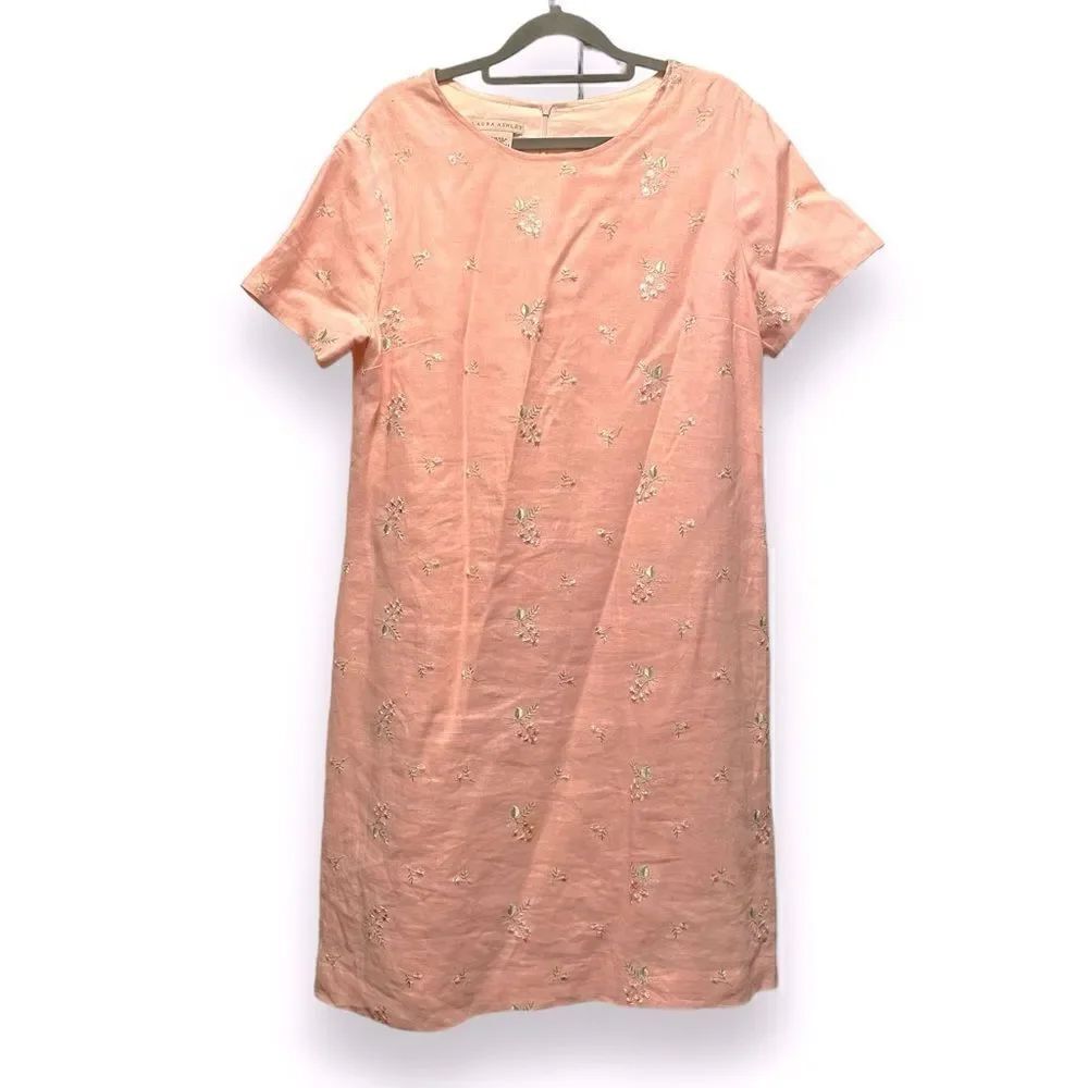 Vintage Laura Ashley Embroidered Floral Linen Knee Length Shift Dress